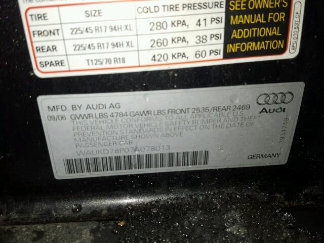 WAUKD78P07A078013 - 2007 AUDI A3 S-LINE GRAY photo 10