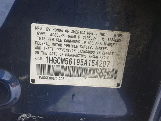 1HGCM56195A154207 - 2005 HONDA ACCORD DX BLUE photo 10