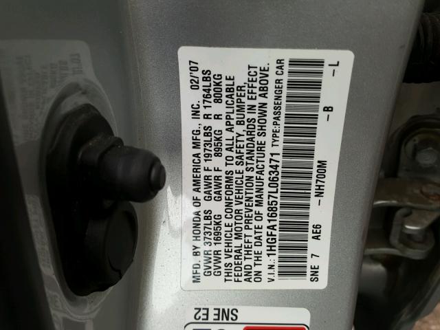 1HGFA16857L063471 - 2007 HONDA CIVIC EX ვერცხლისფერი ფოტო 10