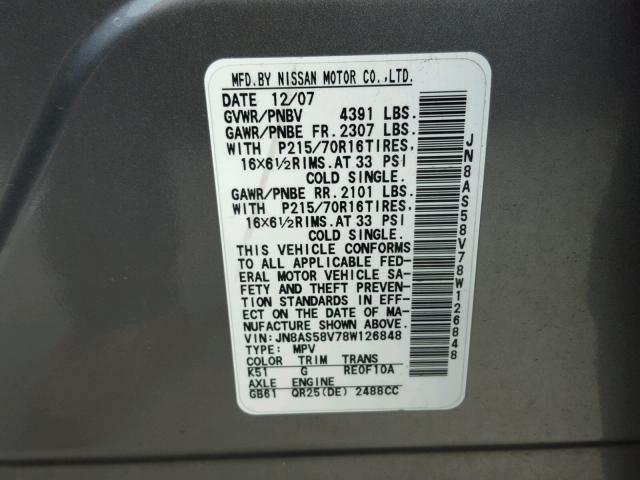 JN8AS58V78W126848 - 2008 NISSAN ROGUE S GRAY photo 10