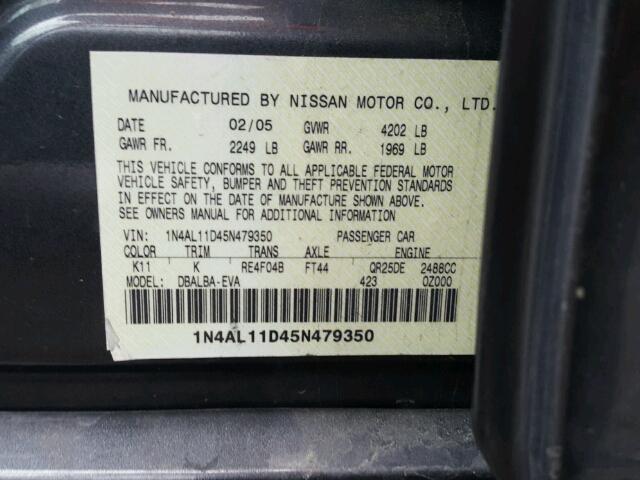 1N4AL11D45N479350 - 2005 NISSAN ALTIMA S CHARCOAL photo 10