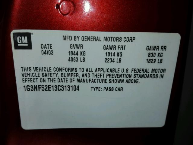 1G3NF52E13C313104 - 2003 OLDSMOBILE ALERO GLS 栗色 照片 10