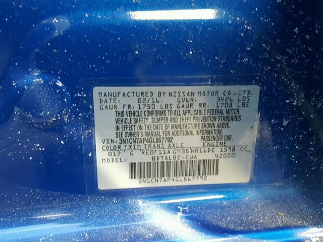 3N1CN7AP4GL867792 - 2016 NISSAN VERSA S BLUE photo 10