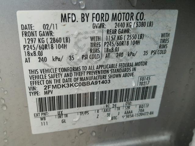 2FMDK3KC0BBA91403 - 2011 FORD EDGE LIMIT SILVER photo 10