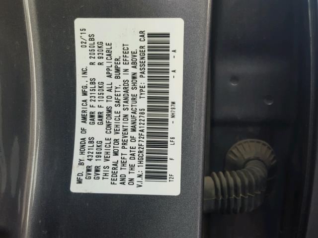 1HGCR2F72FA122785 - 2015 HONDA ACCORD EX GRAY photo 10