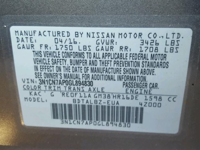 3N1CN7AP0GL894830 - 2016 NISSAN VERSA S GRAY photo 10