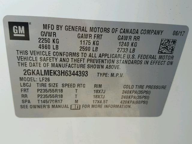 2GKALMEK3H6344393 - 2017 GMC TERRAIN SL WHITE photo 10