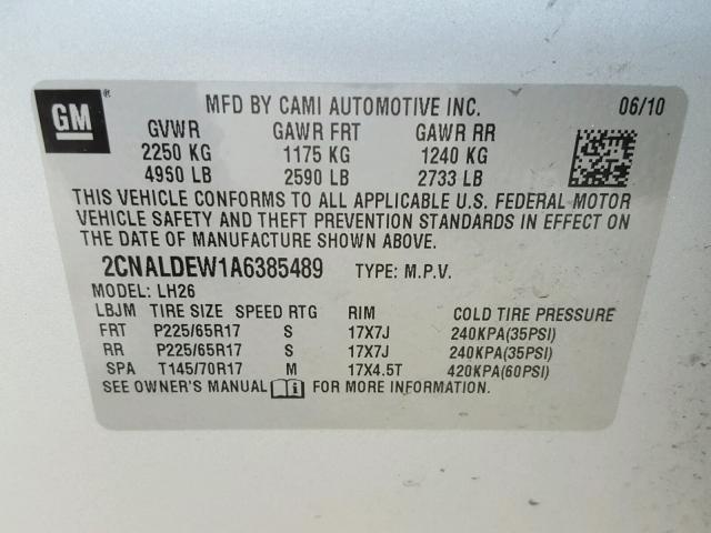 2CNALDEW1A6385489 - 2010 CHEVROLET EQUINOX LT SILVER photo 10