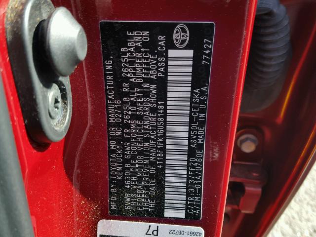 4T1BF1FK1GU581481 - 2016 TOYOTA CAMRY LE RED photo 10