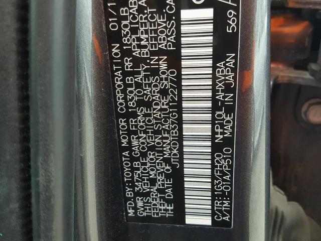 JTDKDTB37G1122770 - 2016 TOYOTA PRIUS C GRAY photo 10