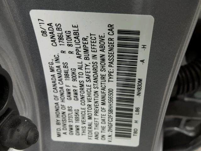 2HGFC2F58HH566500 - 2017 HONDA CIVIC LX GRAY photo 10