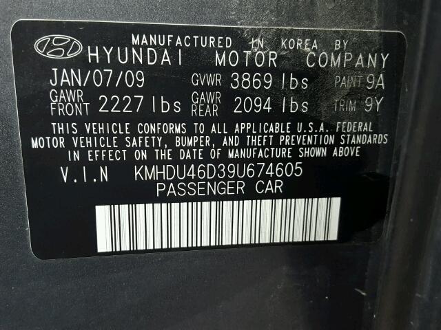 KMHDU46D39U674605 - 2009 HYUNDAI ELANTRA GL GRAY photo 10