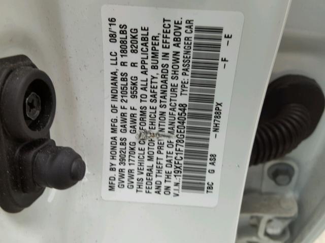 19XFC1F78GE040548 - 2016 HONDA CIVIC EXL WHITE photo 10