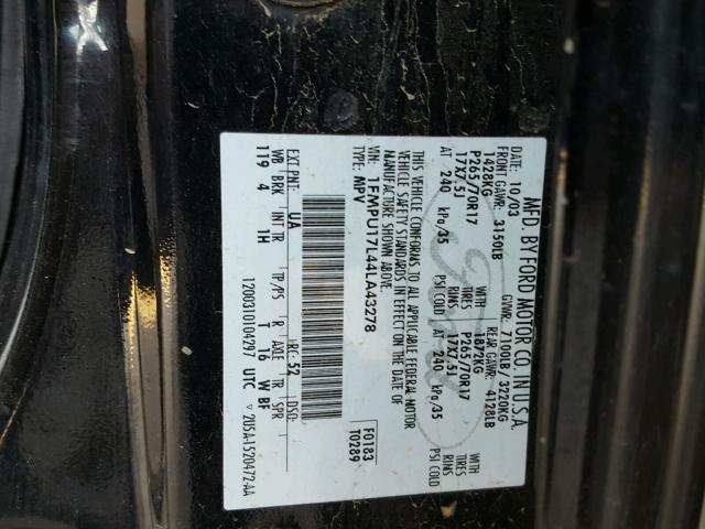 1FMPU17L44LA43278 - 2004 FORD EXPEDITION BLACK photo 10