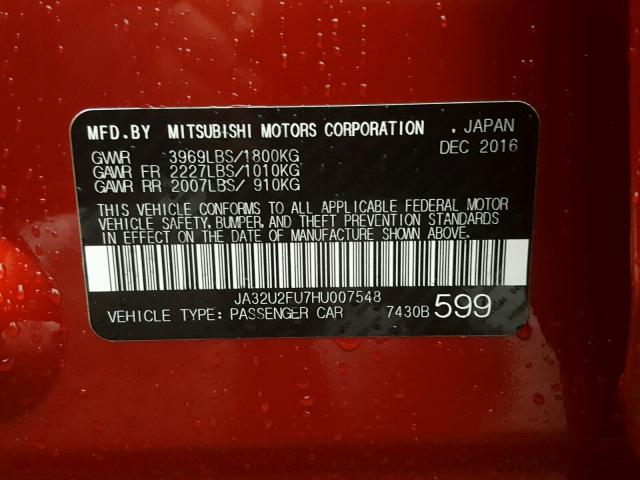 JA32U2FU7HU007548 - 2017 MITSUBISHI LANCER ES RED photo 10