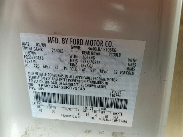 1FMCU94128KD75148 - 2008 FORD ESCAPE LIM CREAM photo 10