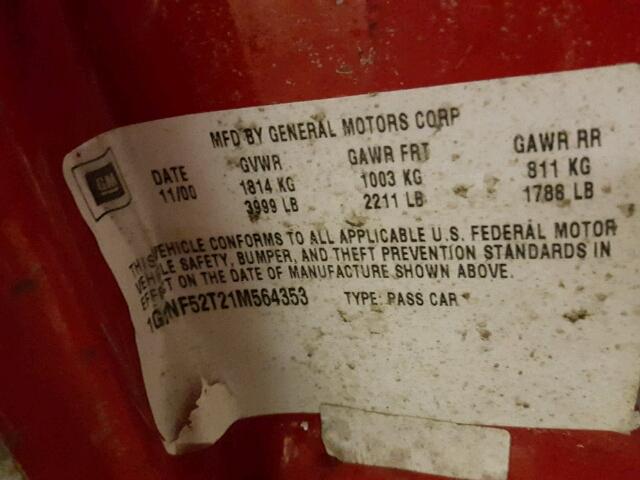 1G2NF52T21M564353 - 2001 PONTIAC GRAND AM S წითელი ფოტო 10