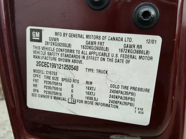 2GCEC19V121250548 - 2002 CHEVROLET SILVERADO BURGUNDY photo 10