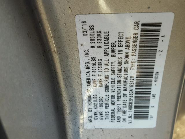 1HGCR2F58GA162420 - 2016 HONDA ACCORD SPO SILVER photo 10