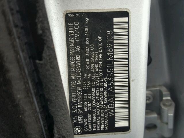 WBAFA53551LM69108 - 2001 BMW X5 3.0I SILVER photo 10