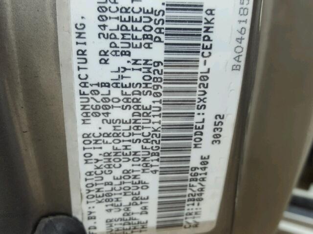 4T1BG22K11U109829 - 2001 TOYOTA CAMRY CE GRAY photo 10