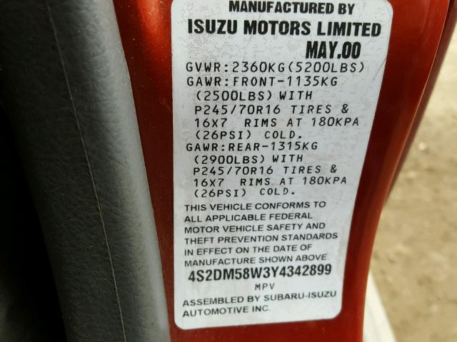 4S2DM58W3Y4342899 - 2000 ISUZU RODEO S RED photo 10