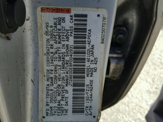 JT2AE00E8P0040931 - 1993 TOYOTA COROLLA LE 银色 照片 10