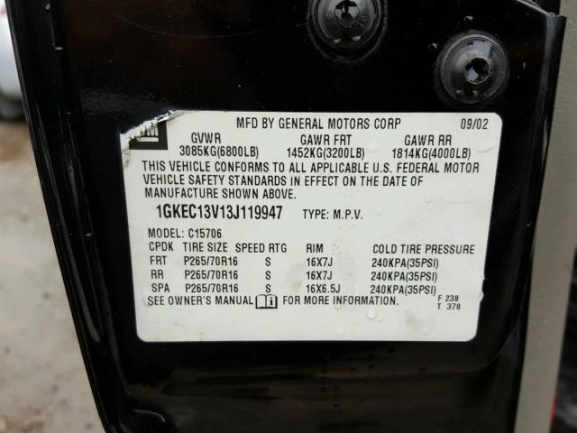 1GKEC13V13J119947 - 2003 GMC YUKON BLACK photo 10