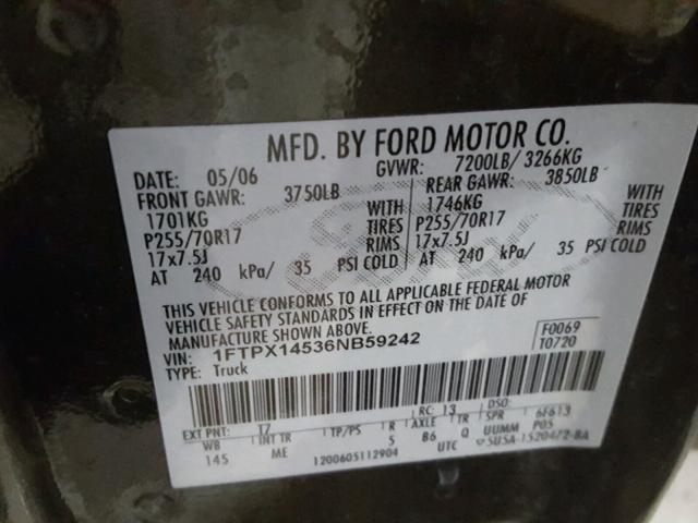 1FTPX14536NB59242 - 2006 FORD F150 BLACK photo 10