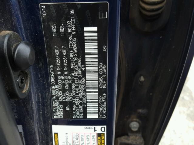 JTEBU5JR7F5213848 - 2015 TOYOTA 4RUNNER SR BLUE photo 10