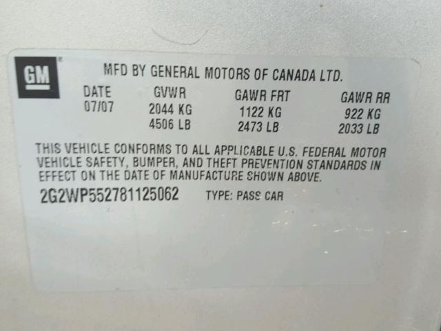 2G2WP552781125062 - 2008 PONTIAC GRAND PRIX SILVER photo 10
