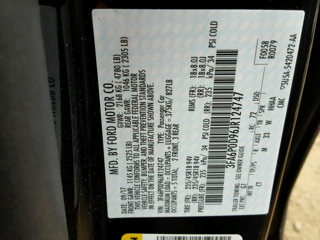 3FA6P0D96JR124747 - 2018 FORD FUSION TIT BLACK photo 10