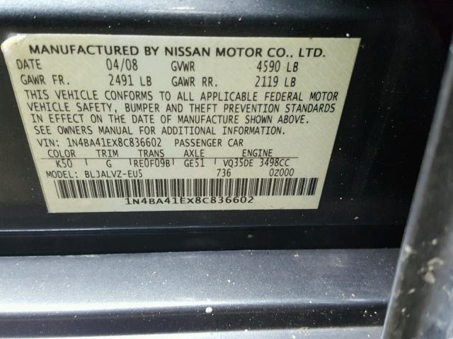 1N4BA41EX8C836602 - 2008 NISSAN MAXIMA SE GRAY photo 10