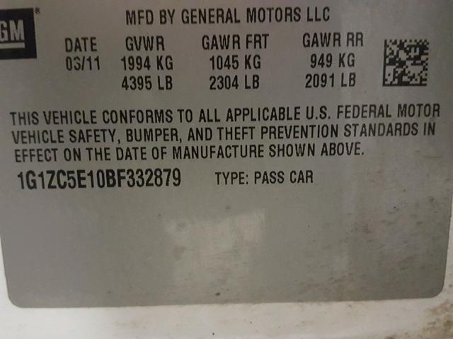 1G1ZC5E10BF332879 - 2011 CHEVROLET MALIBU 1LT 白色 照片 10