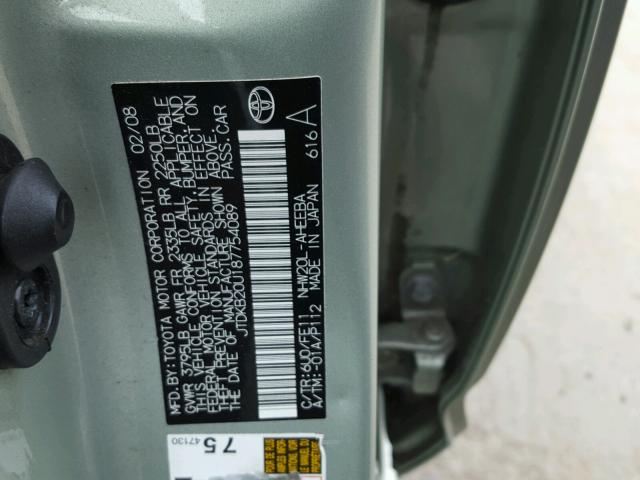 JTDKB20U187754089 - 2008 TOYOTA PRIUS GREEN photo 10