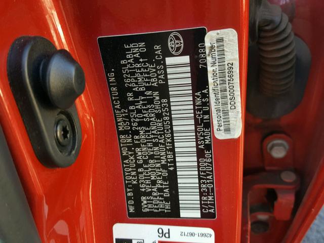 4T1BF1FK6CU582538 - 2012 TOYOTA CAMRY BASE RED photo 10