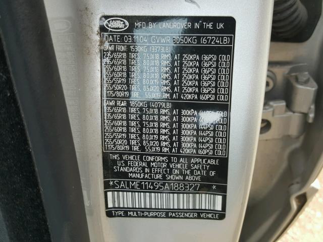 SALME11495A188327 - 2005 LAND ROVER RANGE ROVE SILVER photo 10