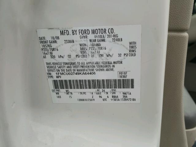 1FMCU02749KA64406 - 2009 FORD ESCAPE XLS WHITE photo 10