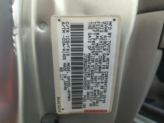 JT2BG22K2Y0405053 - 2000 TOYOTA CAMRY CE SILVER photo 10