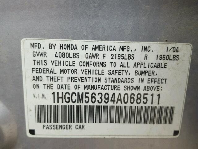 1HGCM56394A068511 - 2004 HONDA ACCORD LX SILVER photo 10