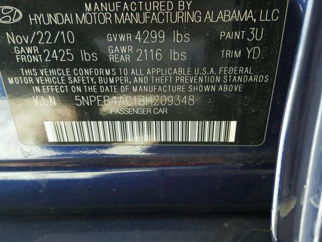 5NPEB4AC1BH209348 - 2011 HYUNDAI SONATA GLS BLUE photo 10