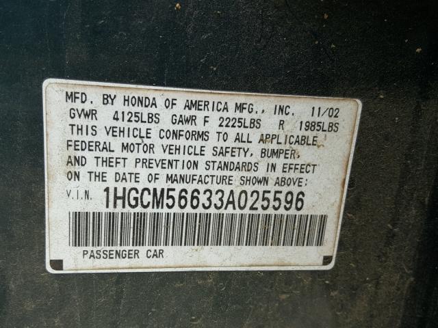 1HGCM56633A025596 - 2003 HONDA ACCORD EX GREEN photo 10