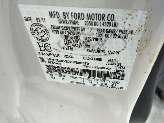 1FMCU0DG0BKB80379 - 2011 FORD ESCAPE XLT WHITE photo 10