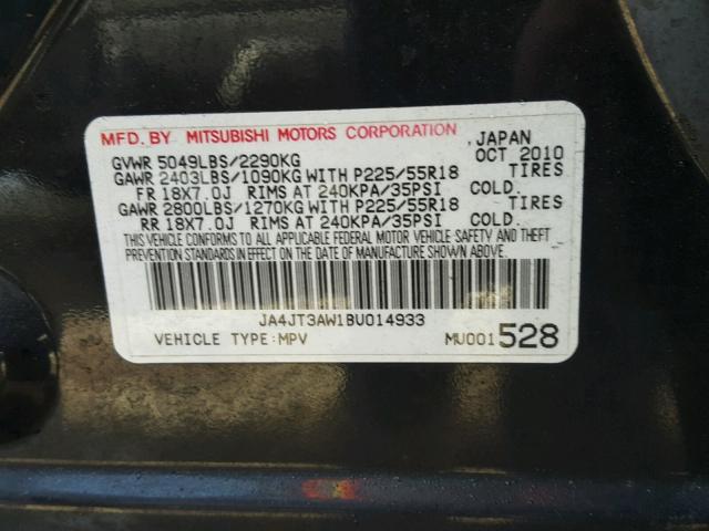 JA4JT3AW1BU014933 - 2011 MITSUBISHI OUTLANDER BLACK photo 10