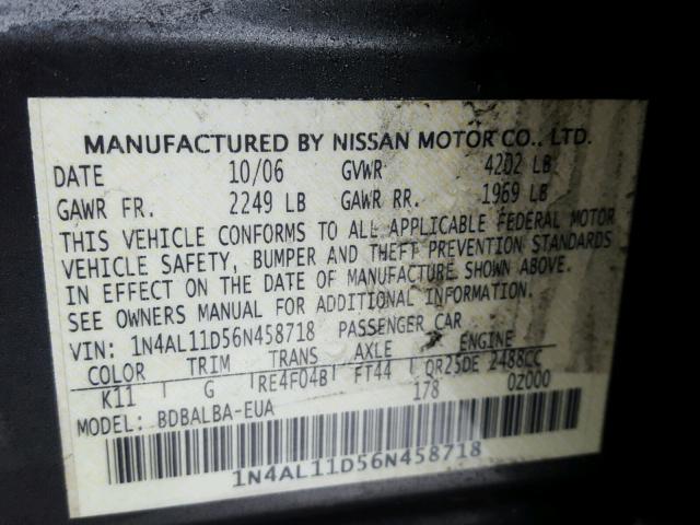 1N4AL11D56N458718 - 2006 NISSAN ALTIMA S GRAY photo 10