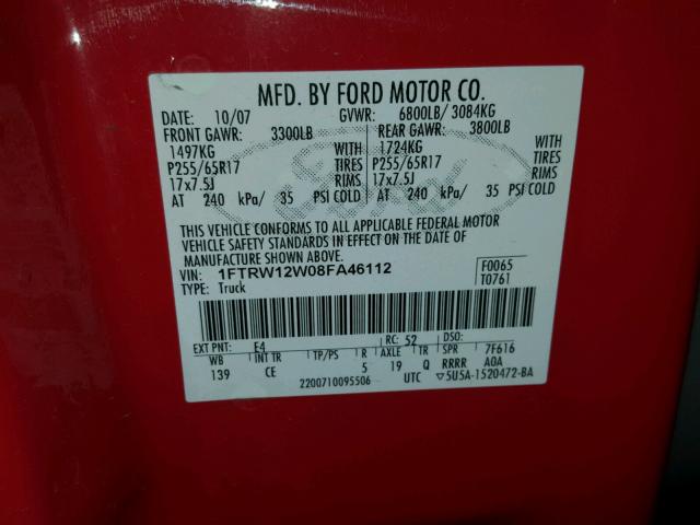 1FTRW12W08FA46112 - 2008 FORD F150 SUPER RED photo 10