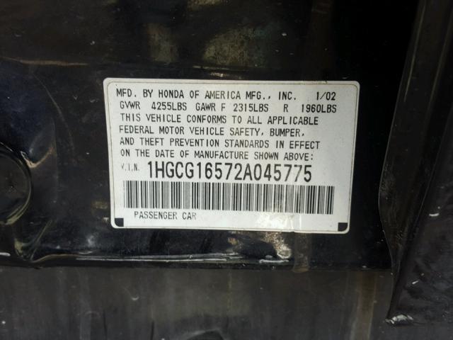 1HGCG16572A045775 - 2002 HONDA ACCORD EX BLACK photo 10