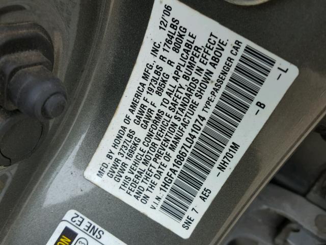 1HGFA16867L041074 - 2007 HONDA CIVIC EX 灰色 照片 10