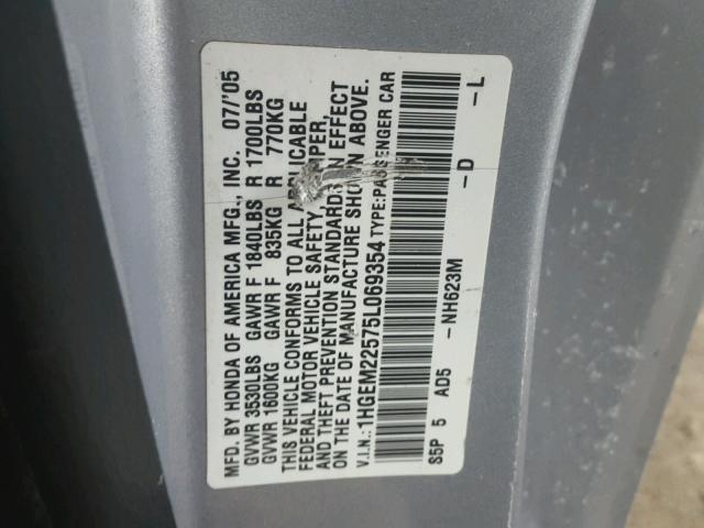 1HGEM22575L069354 - 2005 HONDA CIVIC LX SILVER photo 10