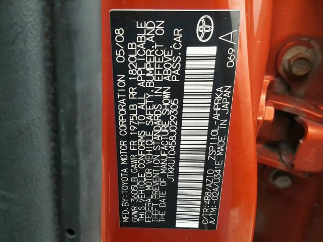 JTKKU10458J029305 - 2008 TOYOTA SCION XD ORANGE photo 10